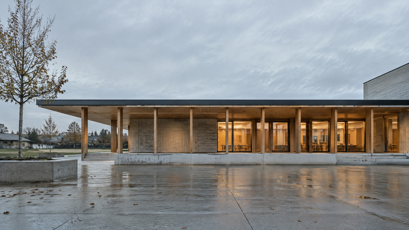Concept image: a single-storey school extension with a thin cantilevered roof over a timber colonnade.